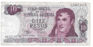 ARGENTINA 10 PESOS LEYENDA LEY 18.188 SERIE A