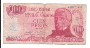 ARGENTINA 100 PESOS LEYENDA LEY 18.188 SERIE A