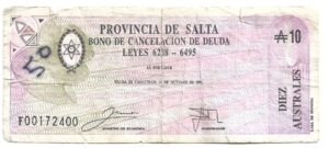 ARGENTINA 10 AUSTRALES BONO SALTA