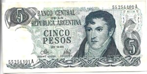 ARGENTINA 5 PESOS LEYENDA LEY 18.188 SERIE A