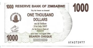 ZIMBABWE 1000 DÓLARES 2006 BEARER CHEQUE