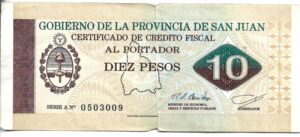 ARGENTINA 10 PESOS BONO SAN JUAN 1995