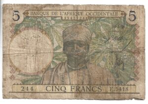 ÁFRICA OCCIDENTAL FRANCESA 5 FRANCOS 1938
