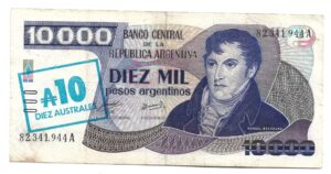 ARGENTINA 10.000 PESOS ARGENTINOS RESELLADO SELLO CELESTE