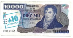 ARGENTINA 10.000 PESOS ARGENTINOS RESELLADO SELLO VERDE