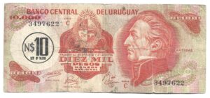 URUGUAY  10.000 NUEVOS PESOS 1987 RESELLADO