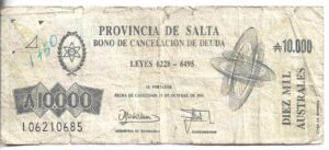 ARGENTINA 10.000 AUSTRALES BONO SALTA