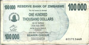 ZIMBABWE 100.000 DÓLARES 2007 BEARER CHEQUE