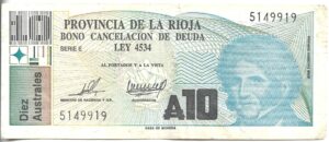 ARGENTINA 10 AUSTRALES BONO LA RIOJA