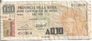 ARGENTINA 10 CENTAVOS DE AUSTRAL BONO LA RIOJA
