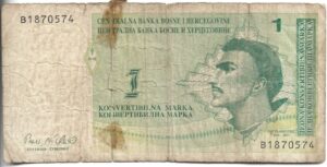 BOSNIA 1 DINAR 1998 REPARADO CON CINTA