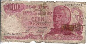 ARGENTINA 100 PESOS LEYENDA DECRETO LEY 18.188 SERIE A REPOSICIÓN