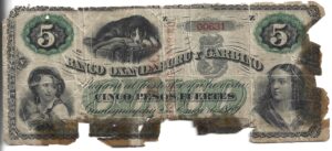 ARGENTINA 5 PESOS 1869 OXANDABURU Y GARBINO
