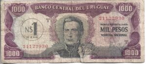 URUGUAY 1000 PESOS 1967 RESELLADO